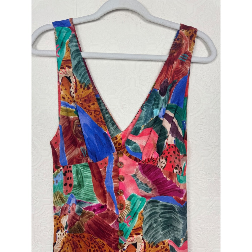 Farm Rio Jungle Animals Button Front Midi Dress Tropical Leopard Toucan Sloth - Picture 7 of 13
